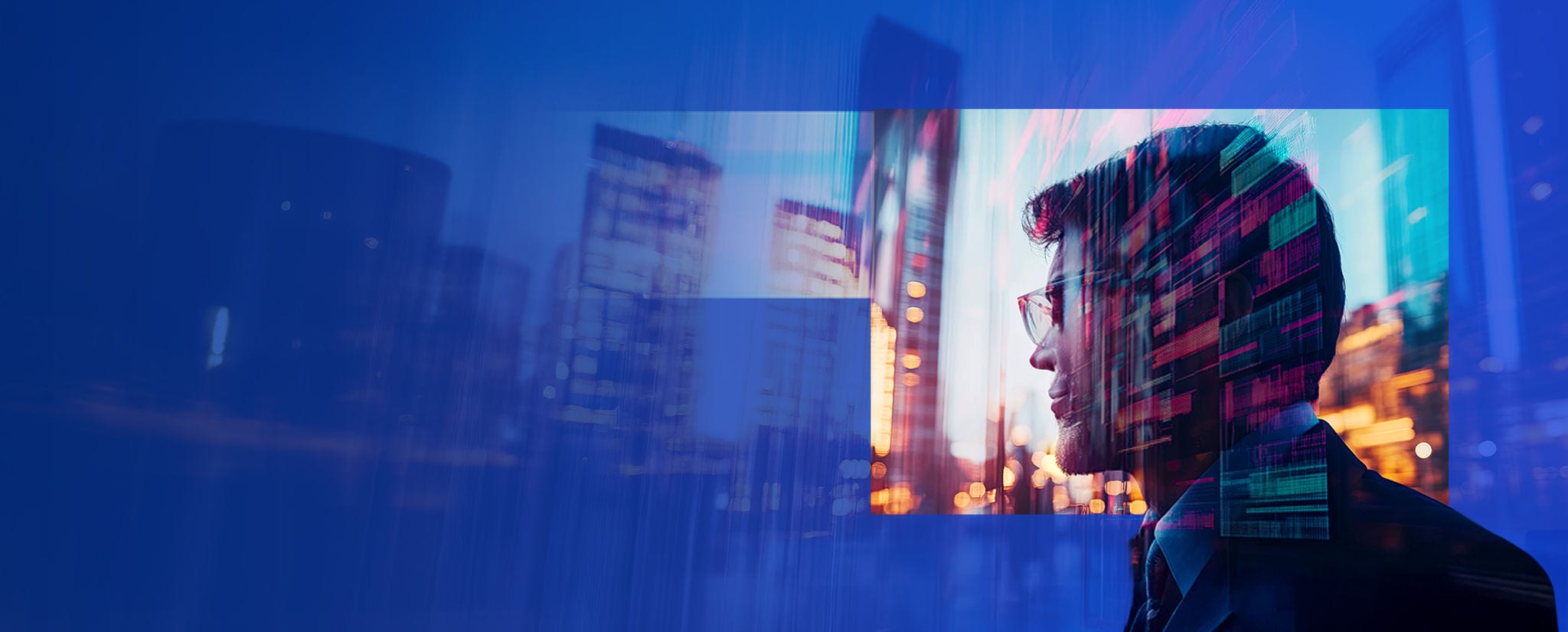 Business leader overlooking a digital cityscape