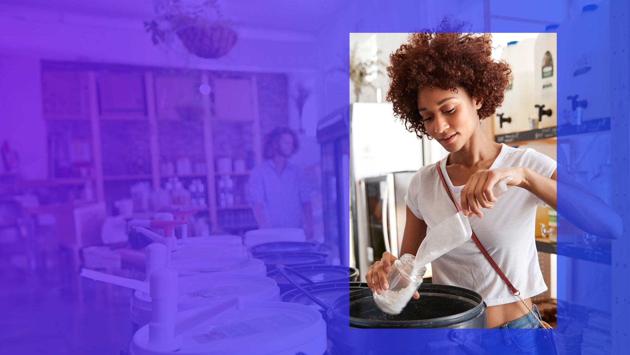 Woman pouring washing powder in container