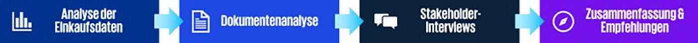 Ein Flussdiagramm mit vier Schritten: Analyse der Einkaufsdaten, Dokumentenanalyse, Stakeholder-Interviews, Zusammenfassung & Empfehlungen.