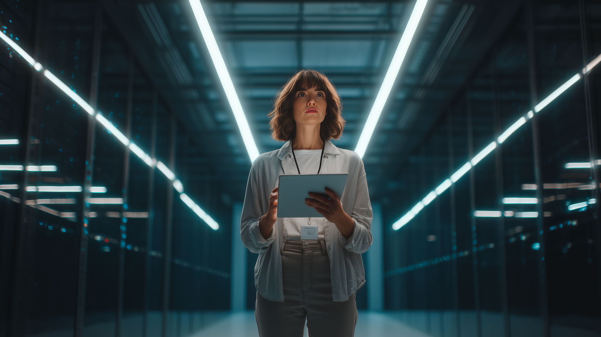 professional employee stood in the middle a vast contemporary data center, they are holding a tablet in their hands, photo realism, cinematic, strip lighting gives it a slightly futuristic vibe, Arri Alexa with Cooke 100mm prime lens, soft natural lighting, Vogue editorial style, 8K, ultra-detailed, high fashion aesthetic, --ar 16:9 --v 7 Job ID: 7a8847a4-2e1a-498e-b77f-90db6687f8cb