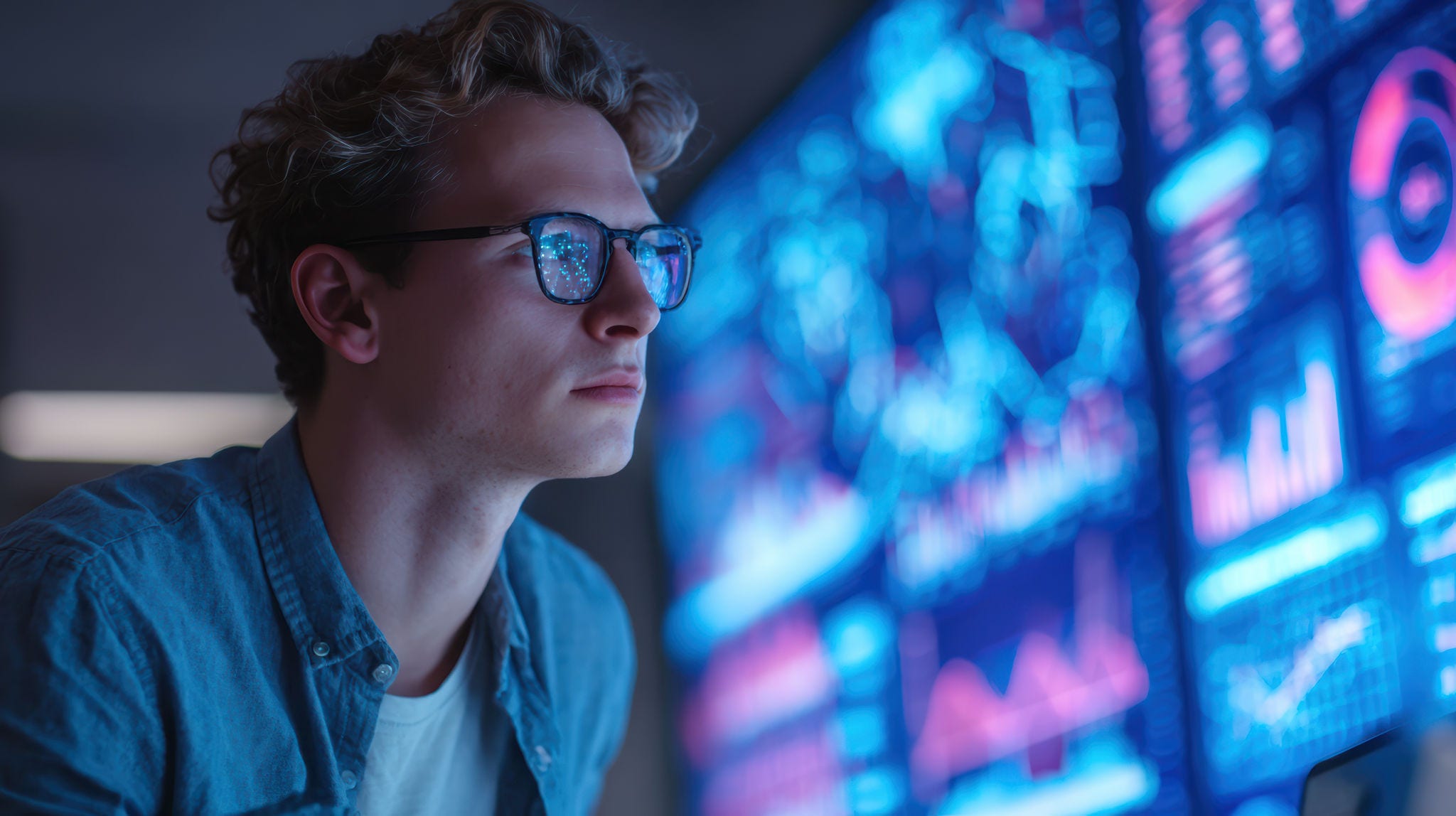 Young professional analyzing data on large screens in a modern office setting, focused on digital information.
