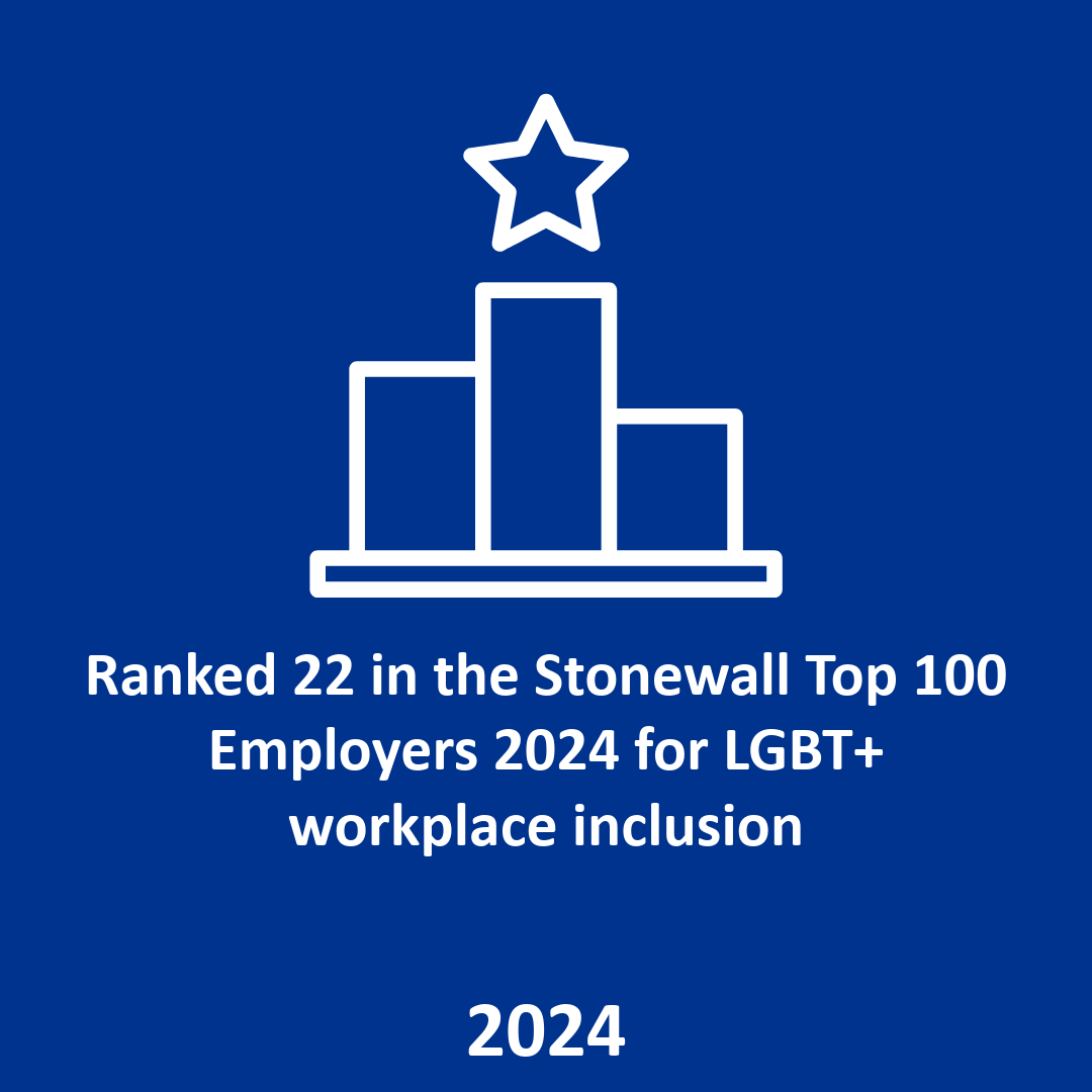 Ranked 22 in the Stonewall Top 100 Employers 2024 for LGBT+ workplace inclusion