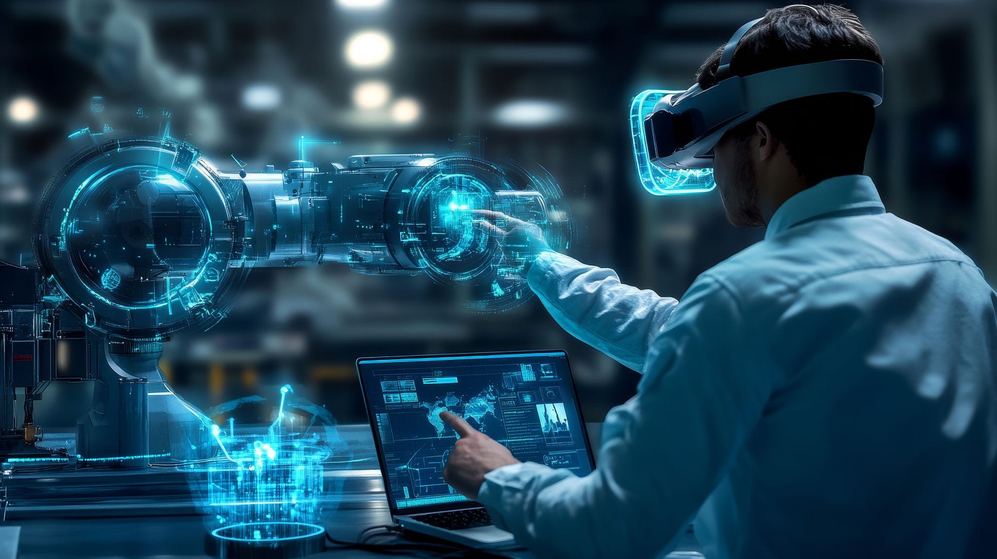 A Man in a VR Headset Interacting with a Futuristic Robot Arm, VR, Robotics, Industry 4.0 manufacturing-excellence-who-is-this-for