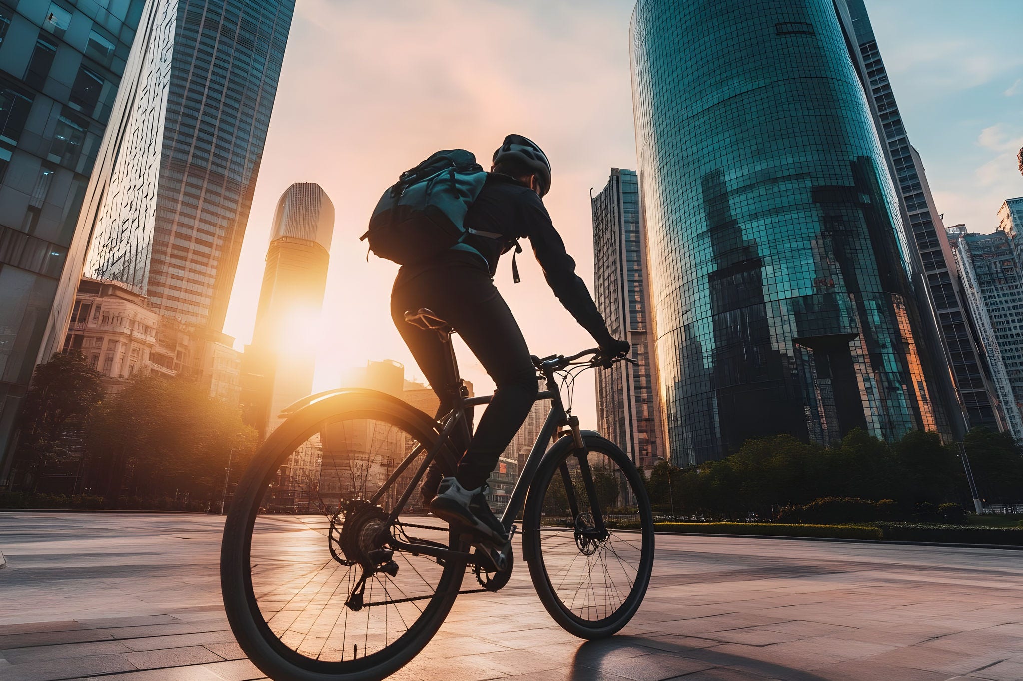 A person riding a bicycle in an urban environment, surrounded by modern buildings, with a backpack and a helmet