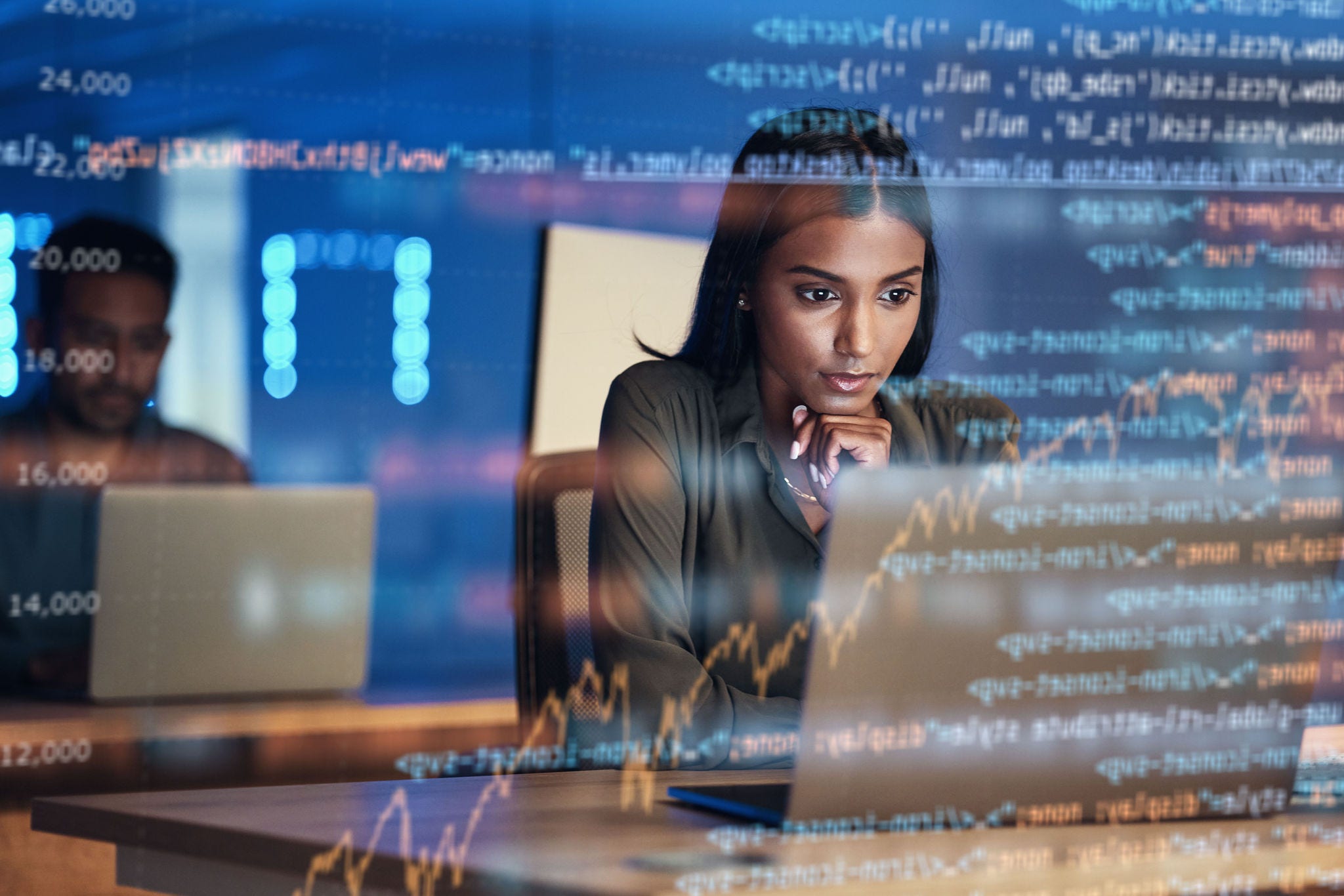 Laptop, code hologram and woman thinking of data analytics, information technology or software overlay at night. Computer and IT people solution with algorithm, statistics and cybersecurity research.