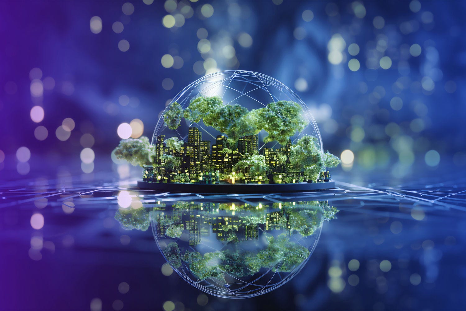 Imagem de uma cidade com foco em arbustros verdes e como se estivesse conectada por várias linhas entre si