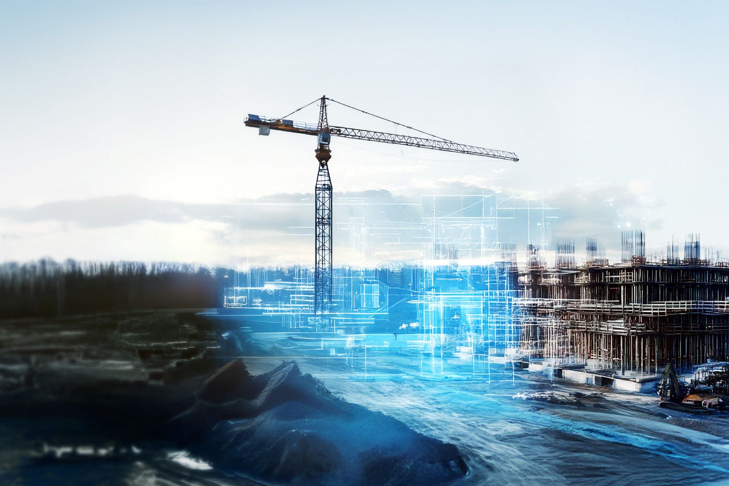 Building construction site with crane and digital projection