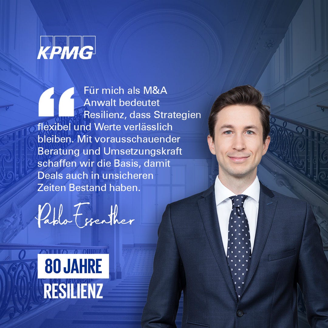 Porträt einer Person im Anzug vor blauem KPMG-Hintergrund. Zitat über Resilienz: Strategien flexibel halten, Prioritäten anpassen und Beständigkeit sichern. Unten steht: „80 Jahre Resilienz“.