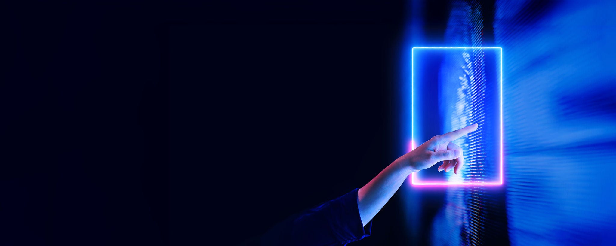 Hand pointing at an illuminated digital LED screen with a glowing blue and pink frame Accountable AI, Hand pointing at AI glowing blue and pink frame, Challenger