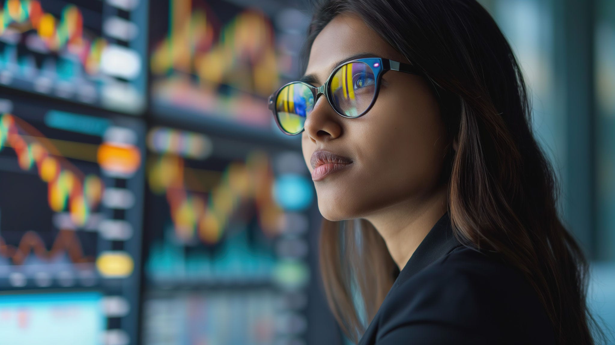 Asian businesswoman wearing glasses, looking at multiple stock market charts on digital screens in the background. digital-marketing-why-kpmg-in-india