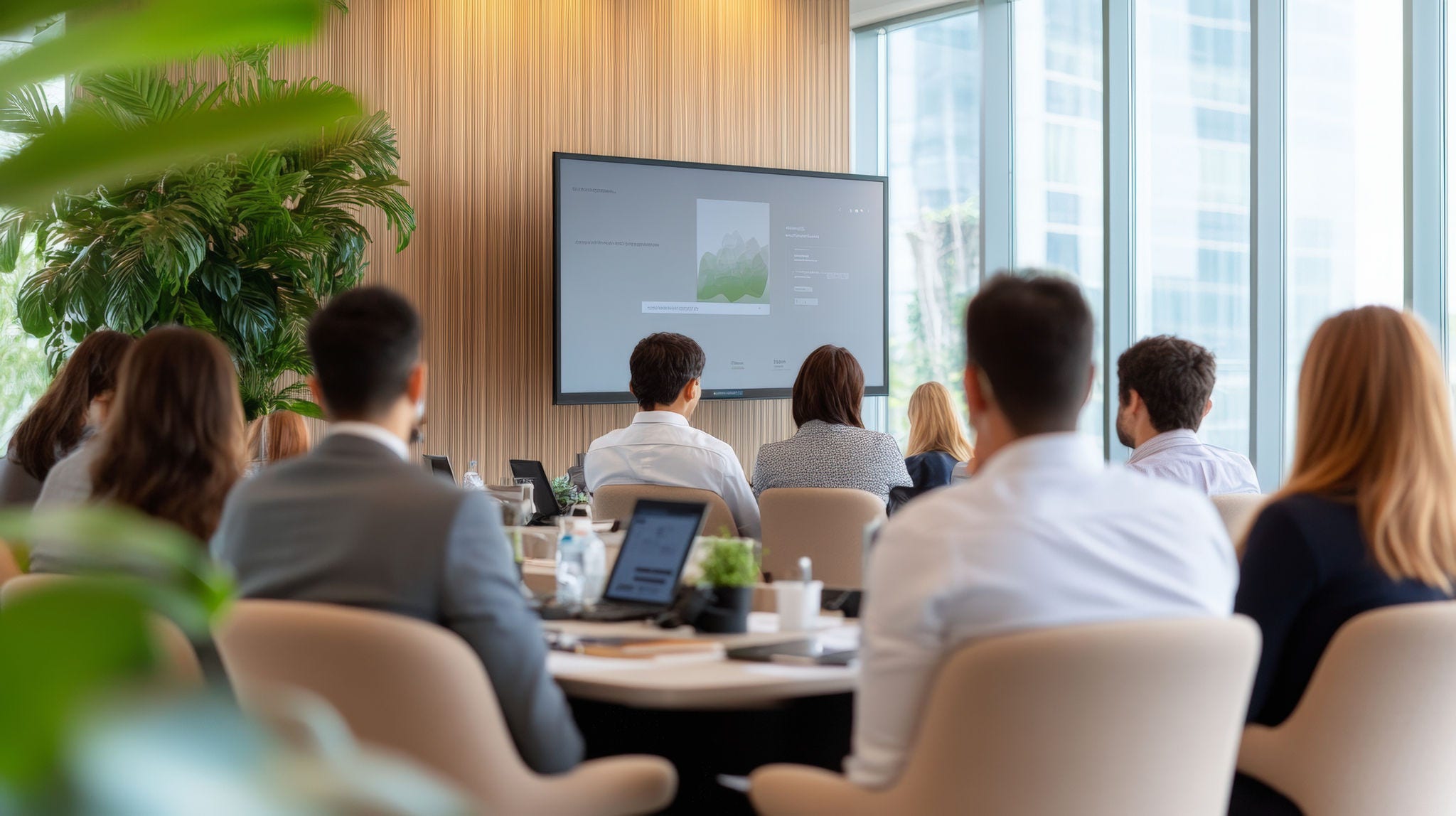 A group of people attending a business meeting in a modern conference room, focusing on a presentation displayed on a large screen.