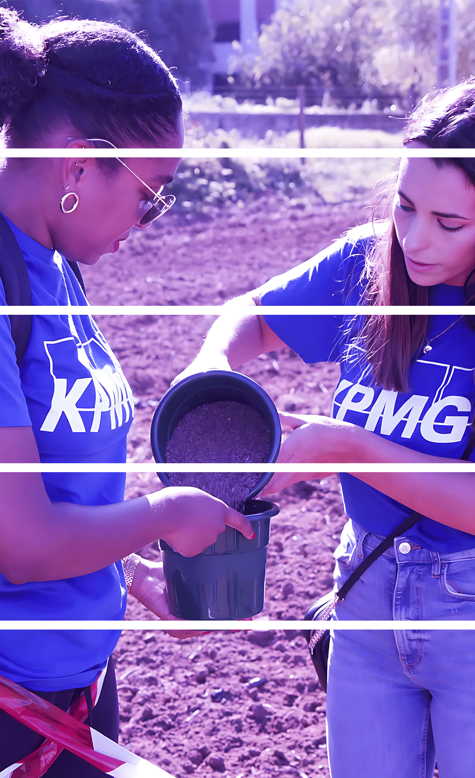 Two KPMG employees filling a pot with soil during an outdoor activity