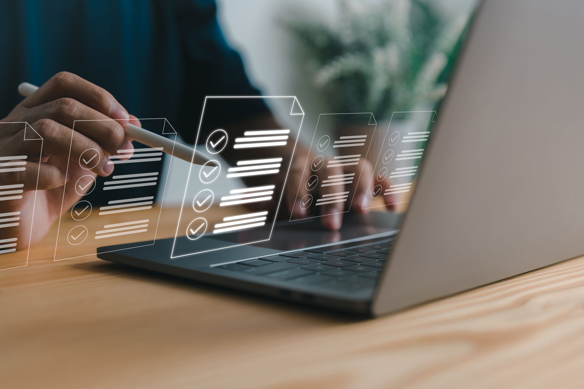 Checklist and clipboard task management, online survey form completion Corporate business technology includes a document management system (DMS) and process automation to efficiently manage files.