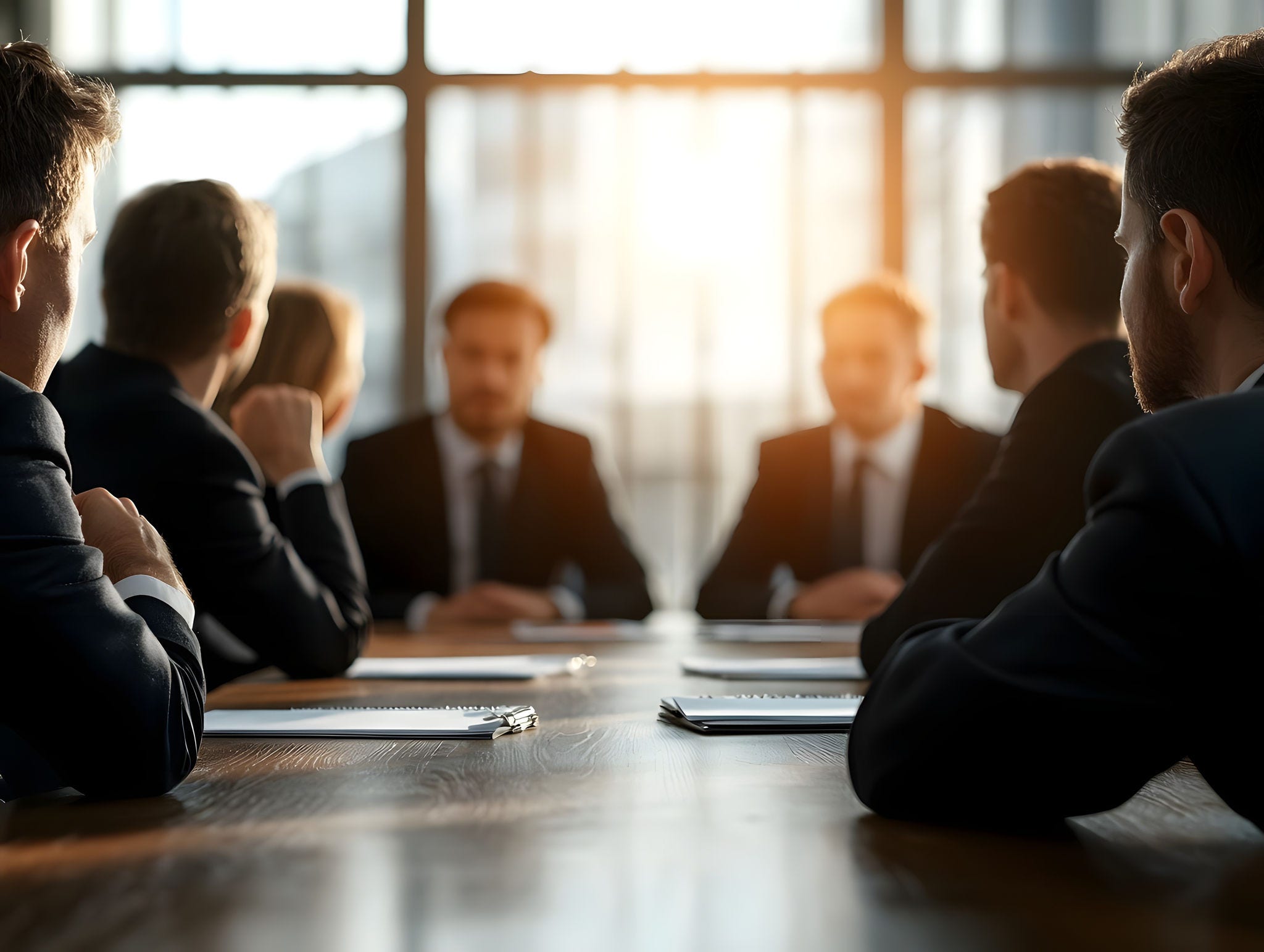A group of business professionals in suits sitting around a conference table in a formal boardroom setting engaged in a serious discussion about corporate matters A group of business professionals in suits sitting around a conference table in a formal boardroom setting engaged in a serious discussion about corporate matters