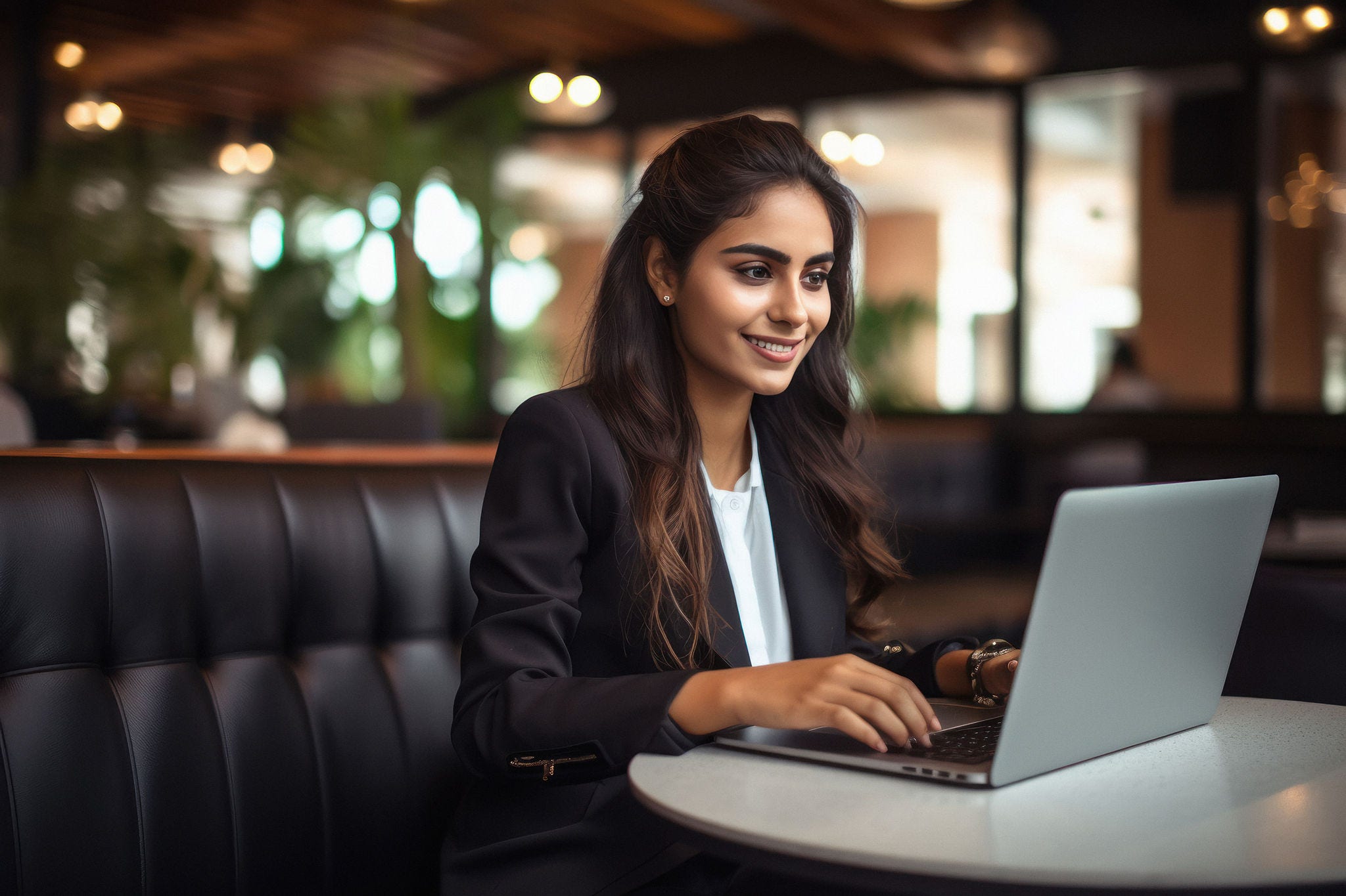 Young indian businesswoman or corporate employee using laptop