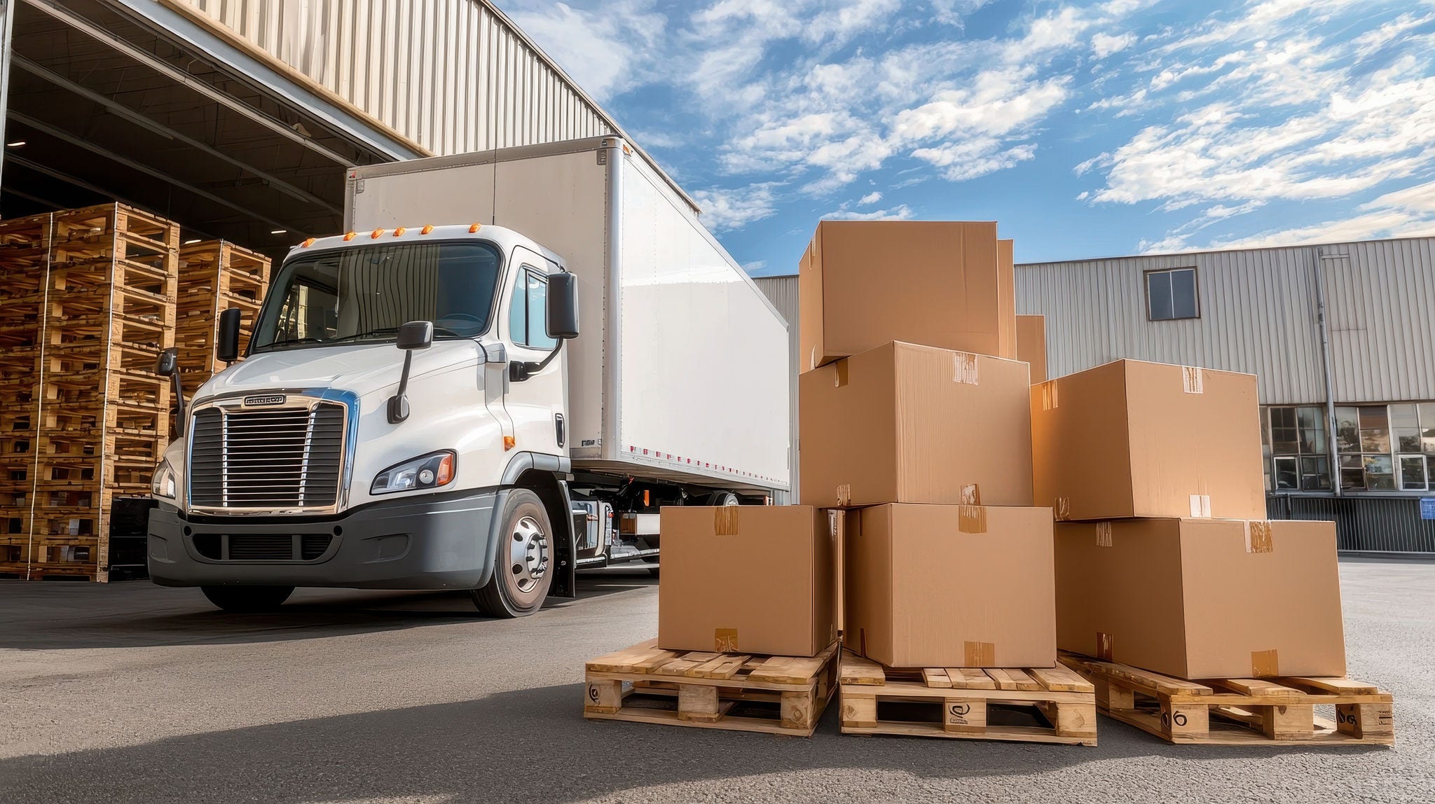 Truck delivery and moving box. Truck unloading boxes at a warehouse, showcasing logistics and transportation operations. customer-operations