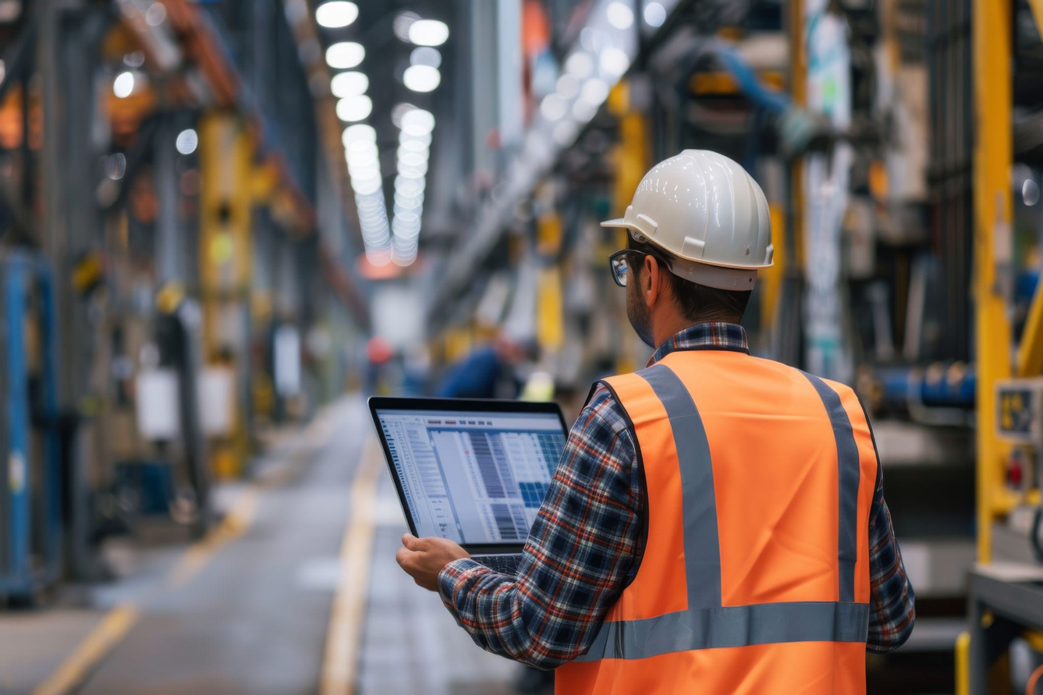 Engineer in safety vest and hard hat working on a laptop in a modern industrial factory setting. Process efficiency