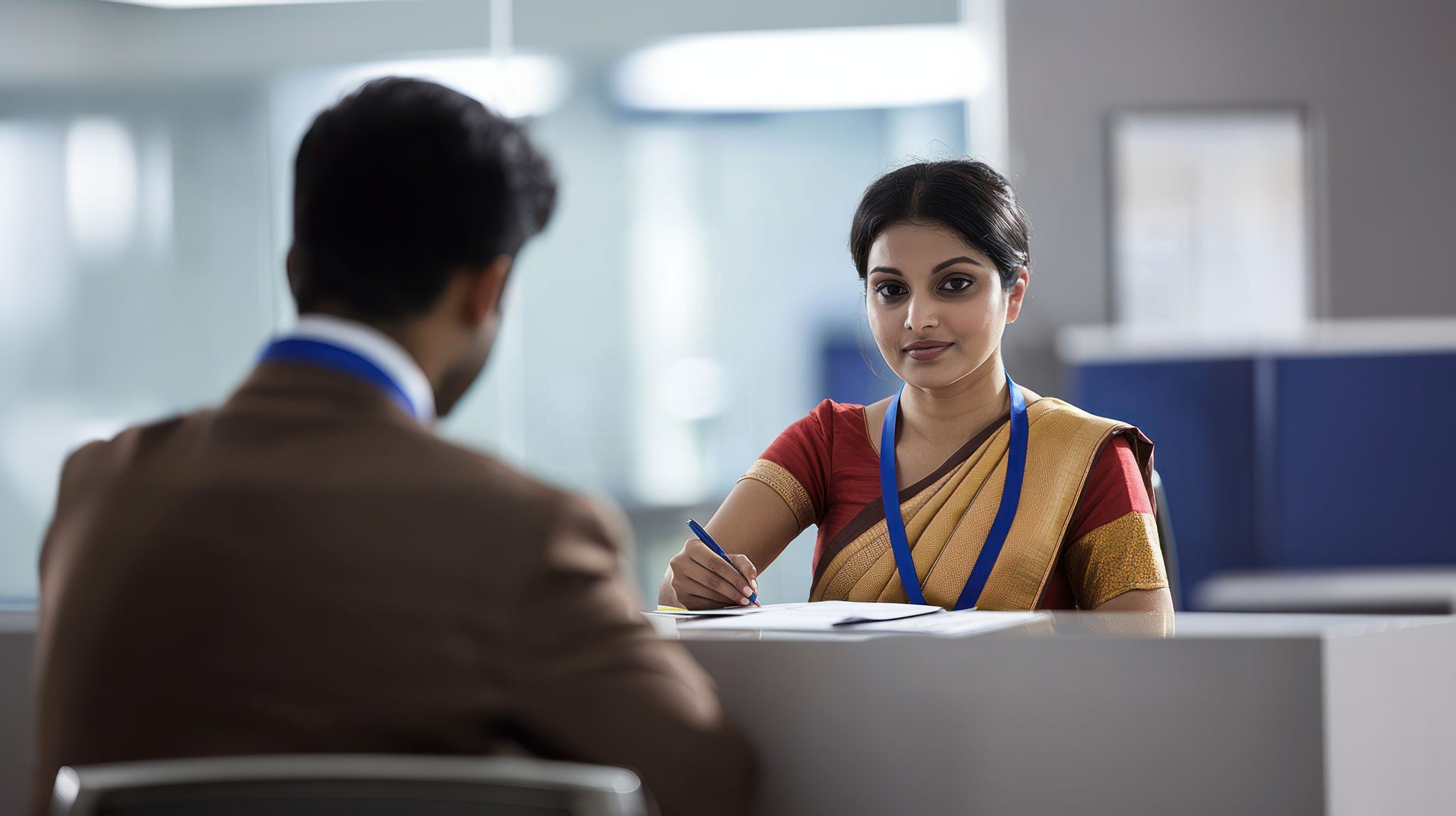 Indian woman sitting at a bank counter and a man in a suit sitting behind her, discussing or offering incentives, financial consultation, bank transaction assistance