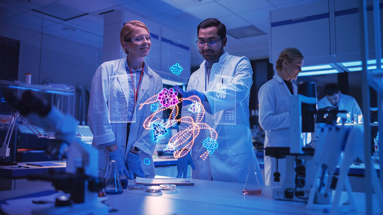 Scientists working with VR hologram Scientists working with VR hologram