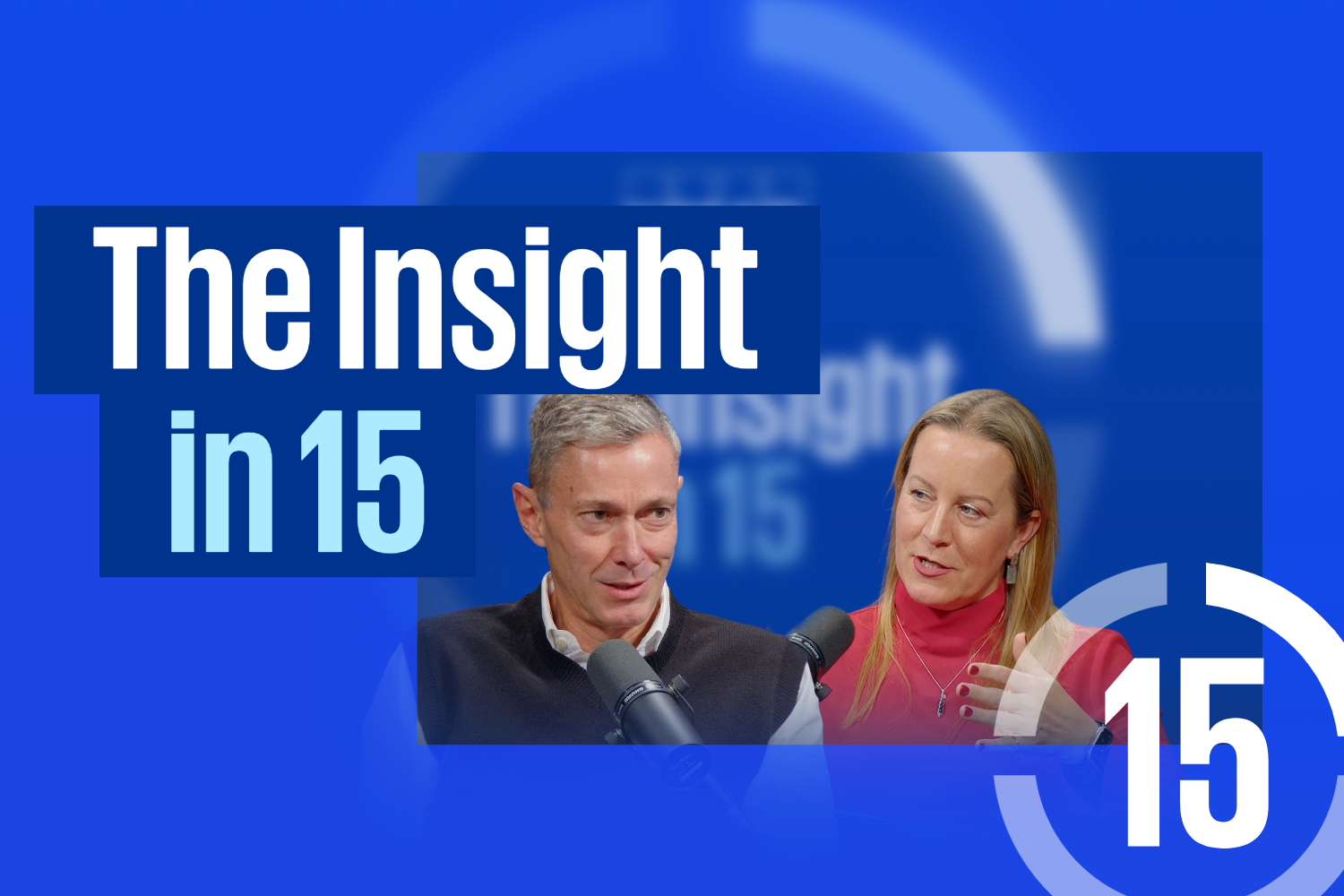 The Insight in 15 branding, featuring two speakers and a circular 15 motif