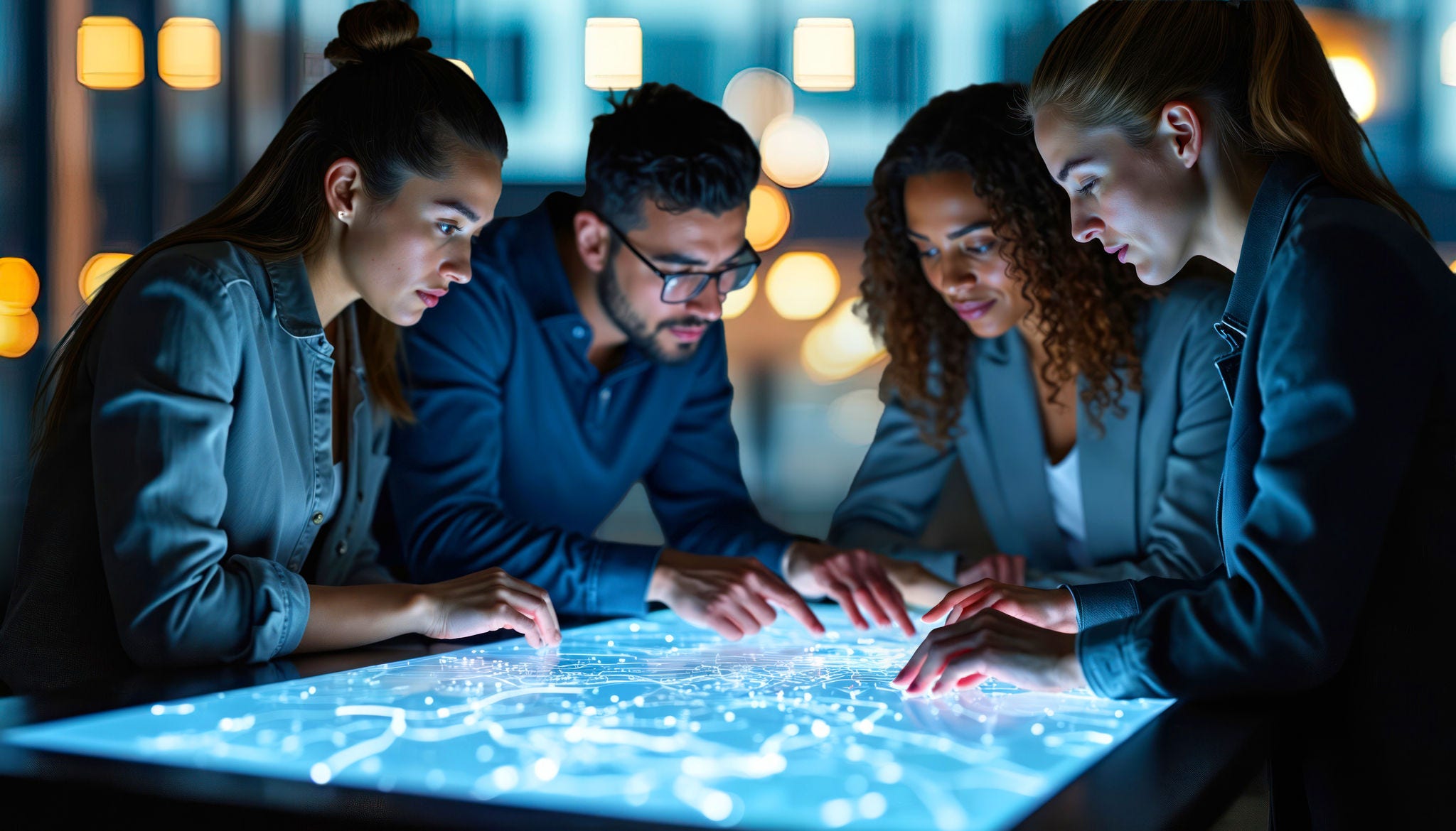 Diverse team collaborates around glowing futuristic table. People use digital interface for planning project strategy, discussing data analysis and seeking solutions together.