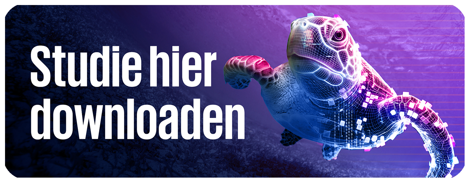 Button zum Studiendownload: Digitale, neonfarbene Meeresschildkröte schwimmt in einem violett-blauen, futuristischen Ozean; Pixel- und Glitch-Effekte.