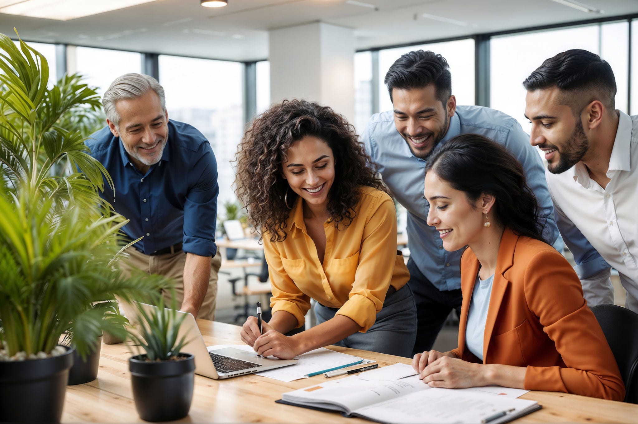 Diverse, multiracial creative team of people in the office, happy employees and ceo having brainstorming meeting, concept of teamwork and collaboration in business, healthy working environment.