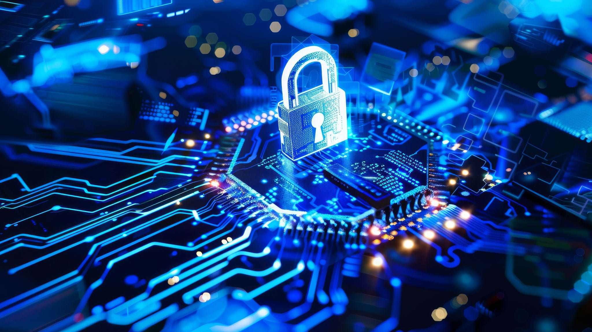 cyber security padlock on circuit board technology background