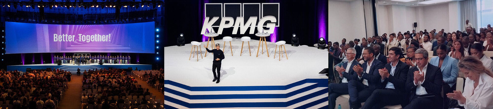 Three photos from a KPMG event. In the first, the words “Better Together” appear on the screen. In the second, CEO Vitor Ribeirinho is seen giving a speech, and in the third, the audience is applauding.