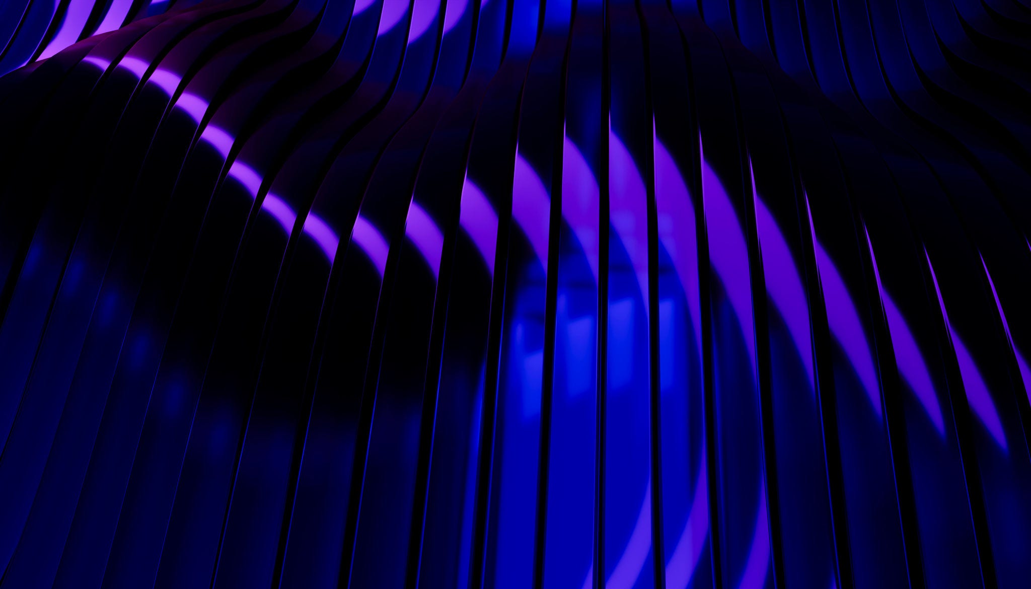 Metallic stripes waving and reflecting vibrant shades of purple and blue light, creating a dynamic and abstract background with modern flair