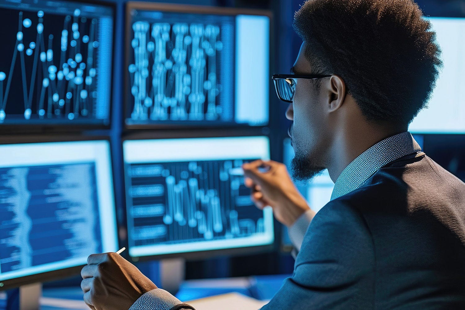 Man looking multiple screens