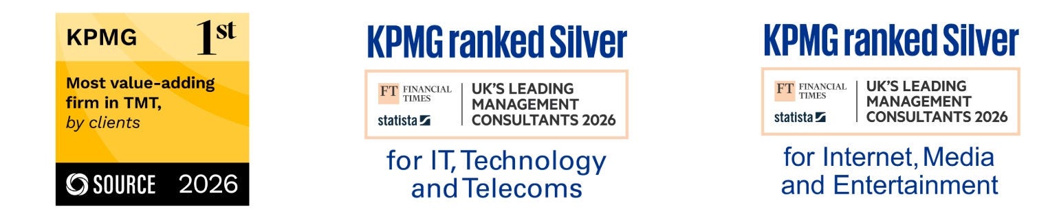 KPMG industry recognition badges for technology, media and telecommunications consulting.