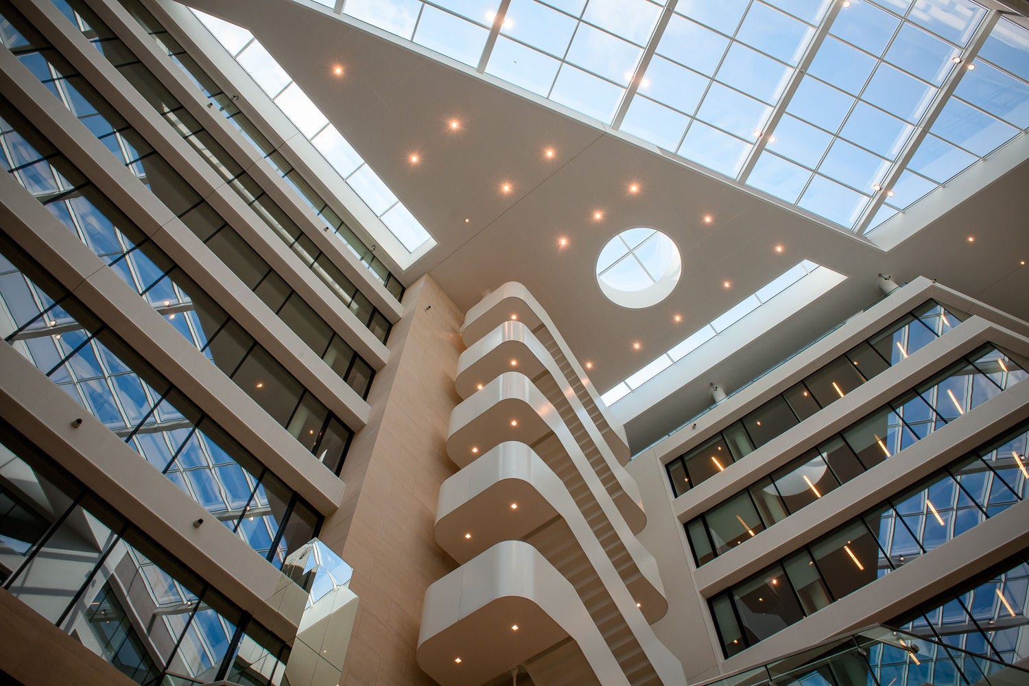 Architectural atrium of KPMG in Belgium’s headquarters