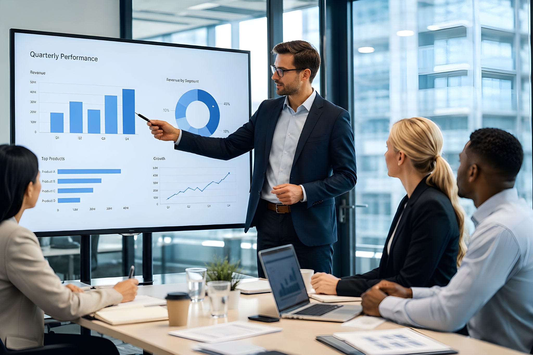 Business team analyzing quarterly performance charts during presentation in modern office meeting