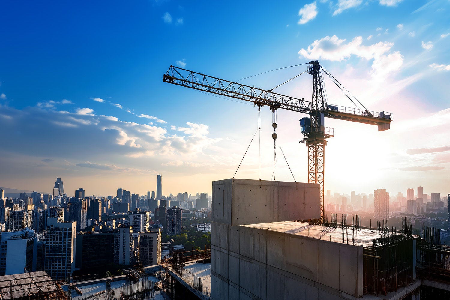 A construction crane lifting a concrete form onto a high rise building