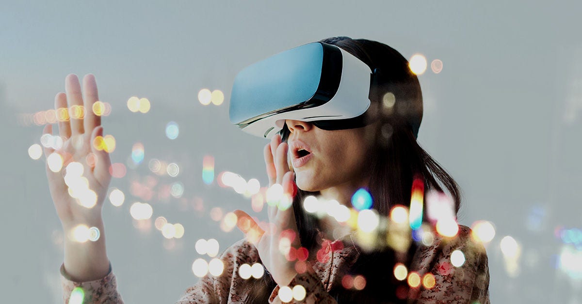 Woman with virtual reality glasses woman with glasses in digital space banner