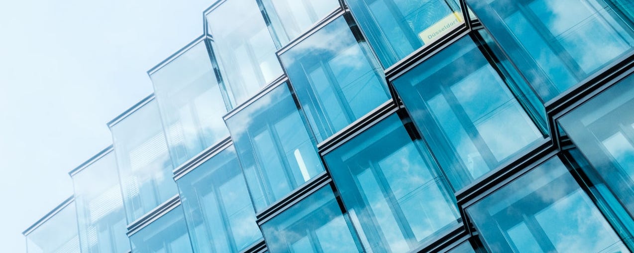 Blue tilted glass building