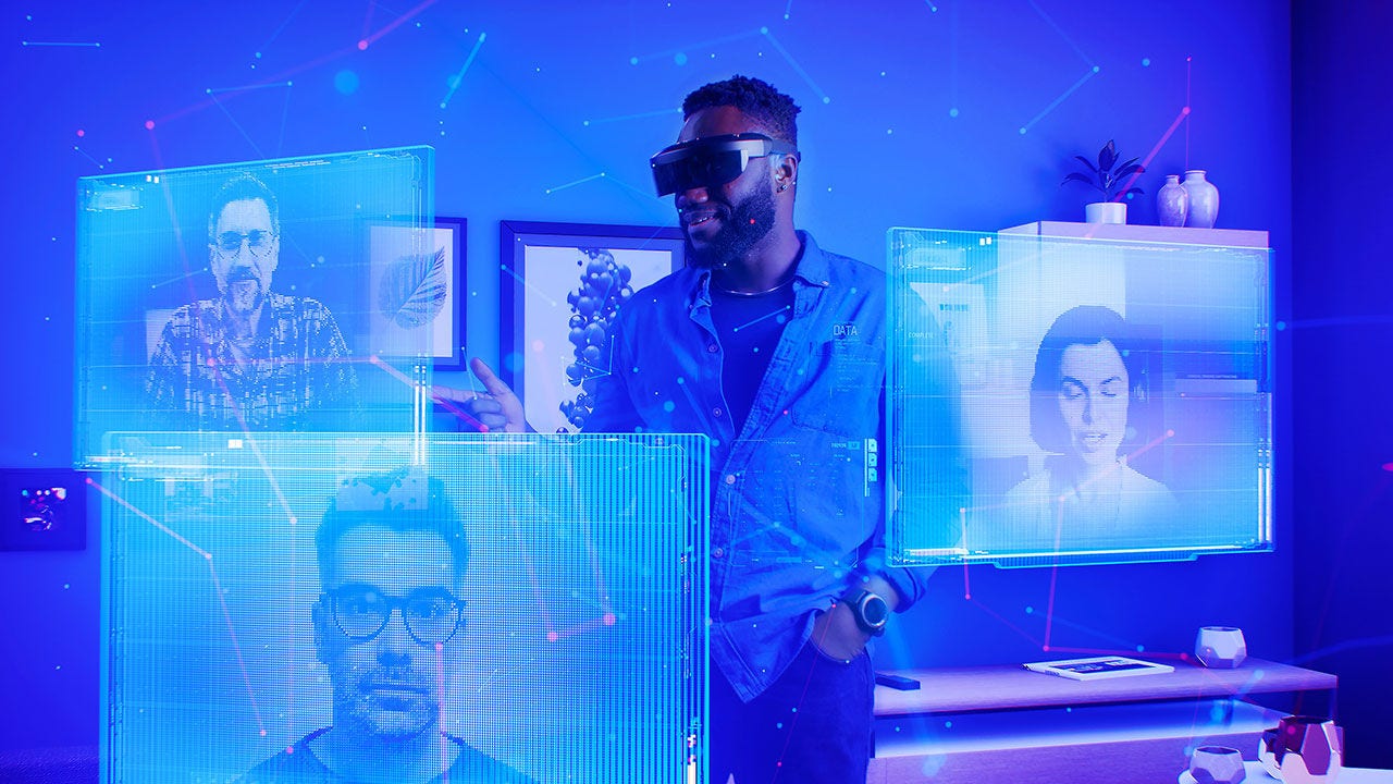 Man in VR glasses with hologram screens Man in VR glasses with hologram screens