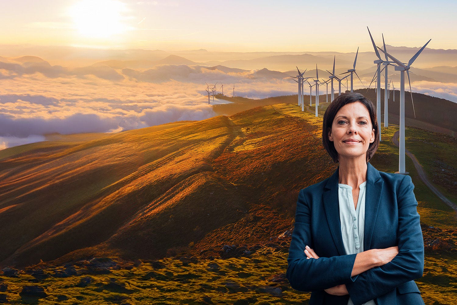 Woman in formals against mountains windmills