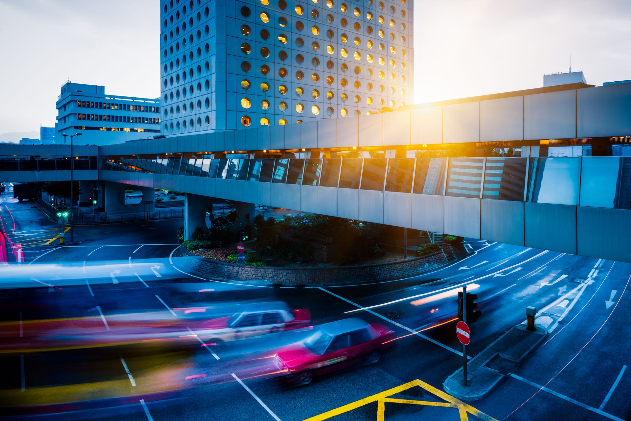 urban traffic with cityscape in Hong Kong,China.