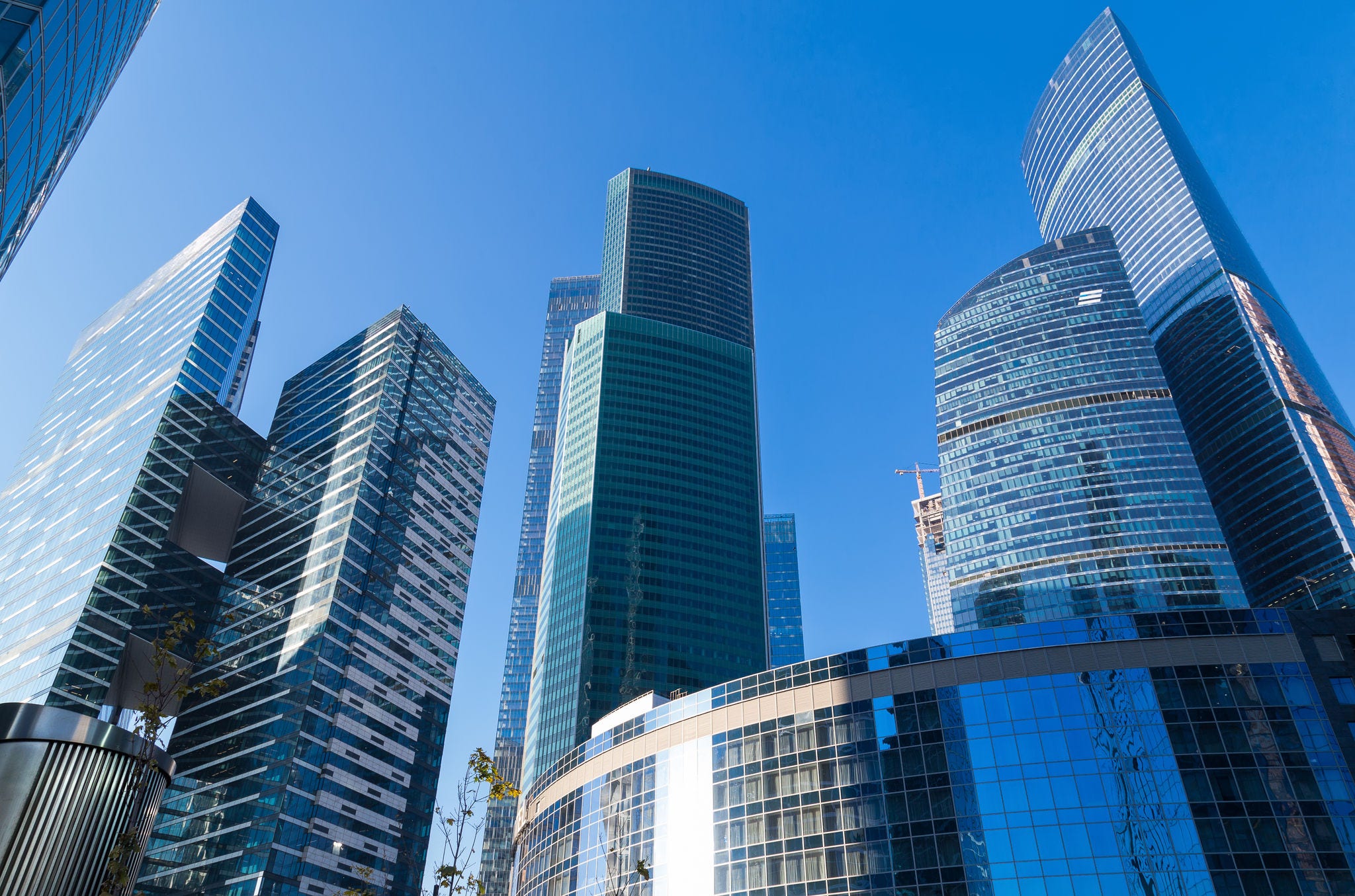 Moscow, Russia - October 17, 2018: Down-up view at skyscrapers in Moscow-city (Moscow International Business Center), Russia. Modern architecture.