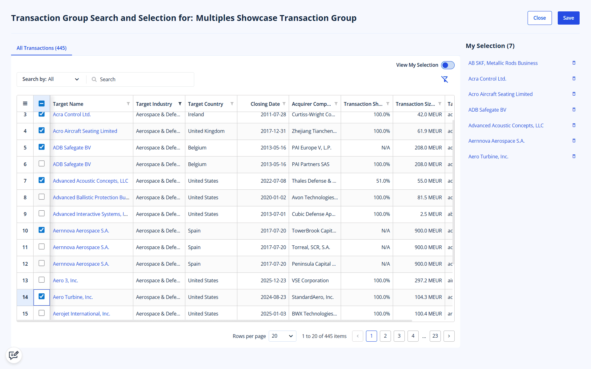 Transaction group search and selection using precise filters