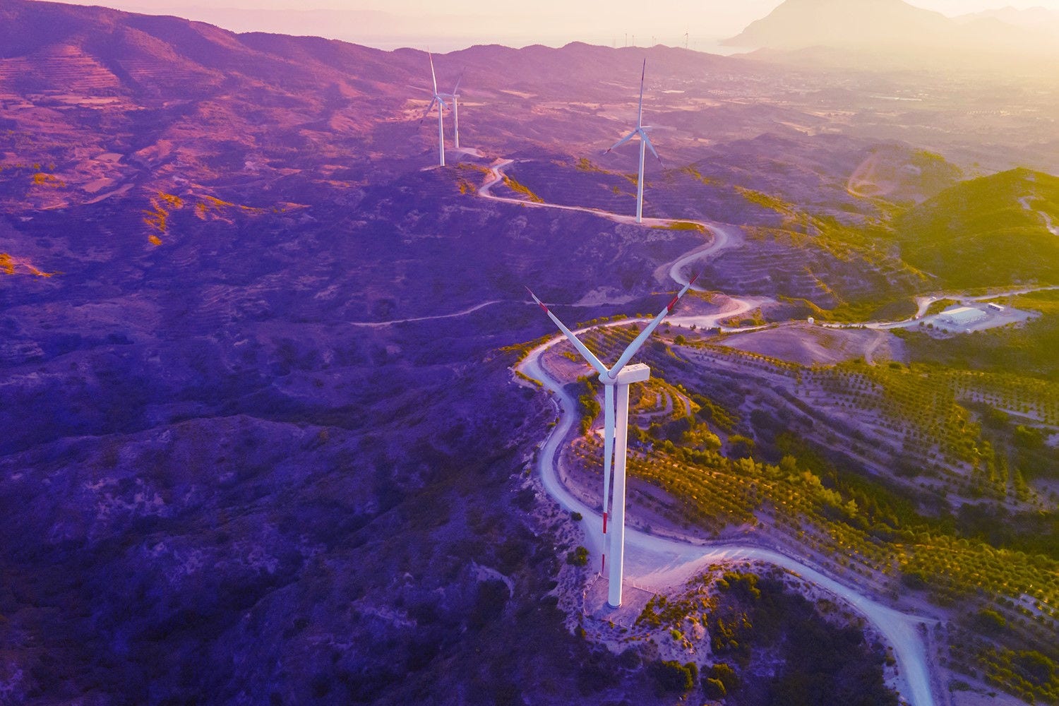 Windmills in a hilly region