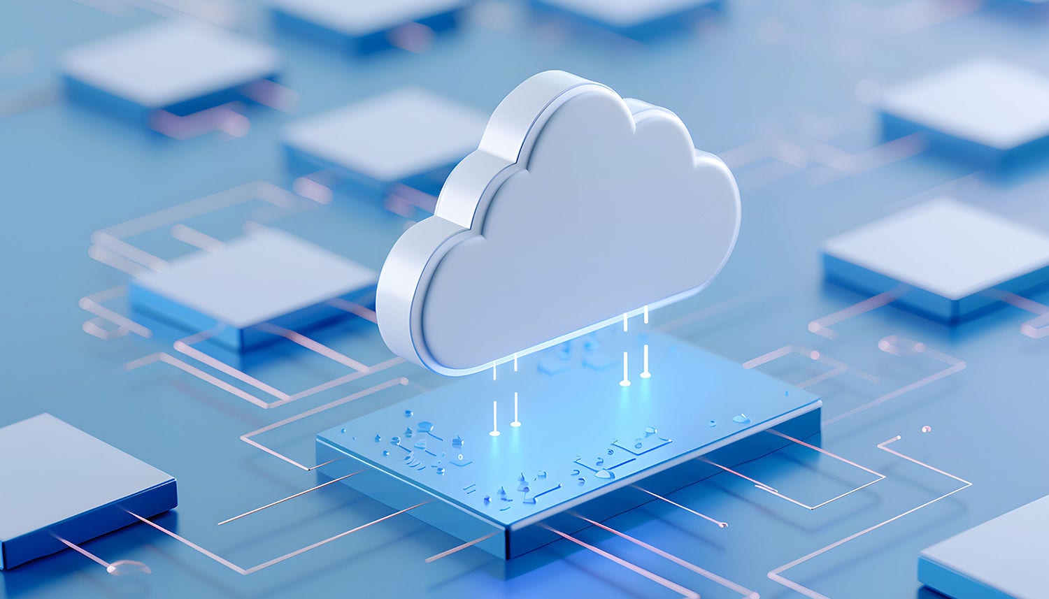 Futuristic cloud computing concept with digital connections, representing data storage, network, and technology solutions. 3D Illustration.