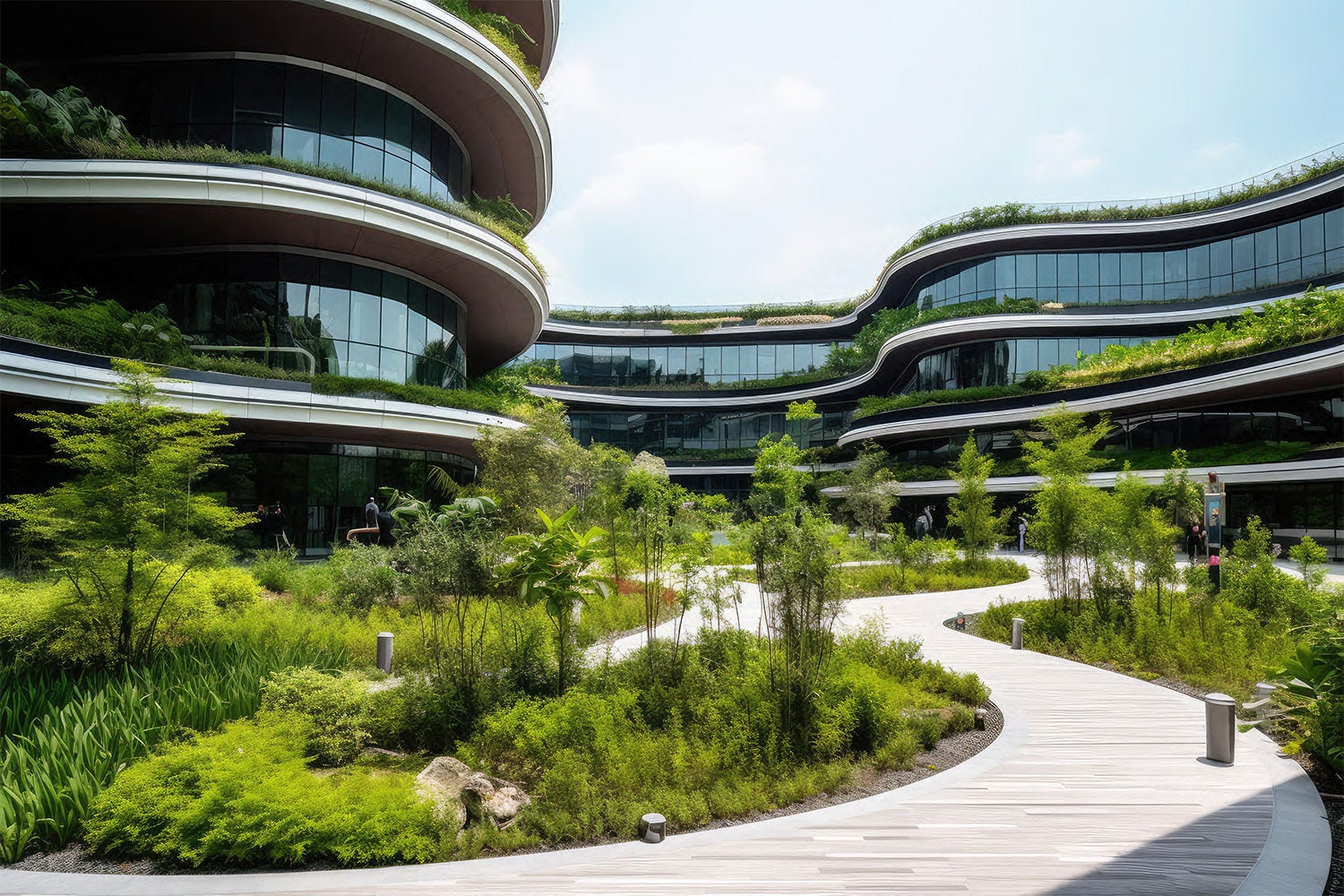 Glass building plants walkway