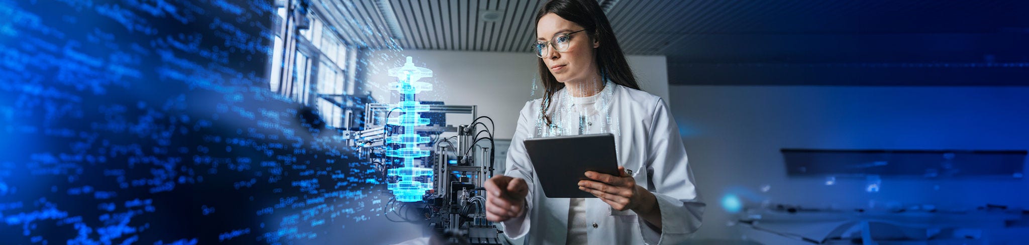 Female engineer holding tablet in futuristic lab Female engineer holding tablet in futuristic lab