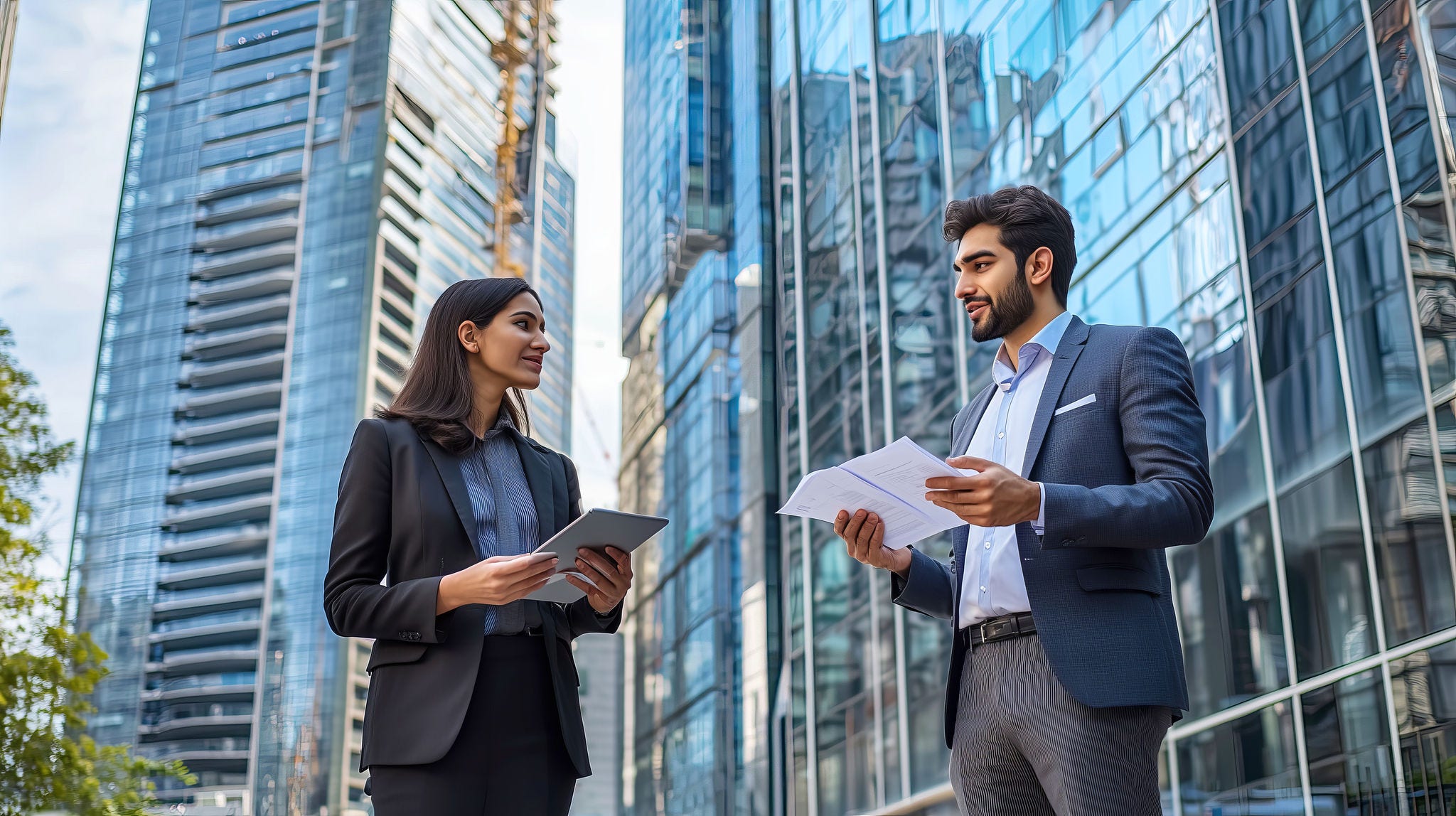 Indian Business professionals discussing work outside modern office skyscrapers