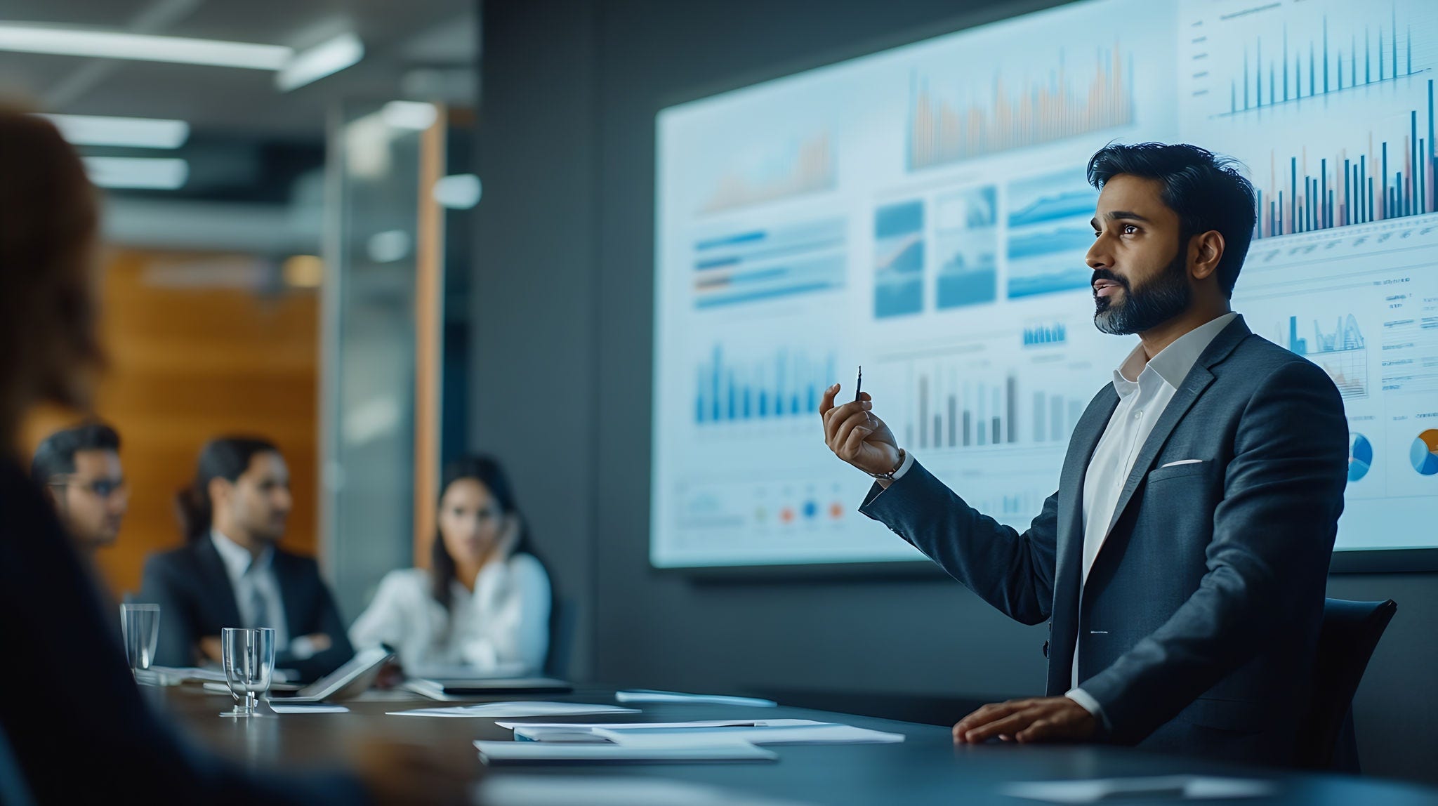 Modern South Asian Business Office Meeting Confident Indian Manager Uses Interactive Display Makes Report to a Group of Corporate Partners Shows Statistics Growth and Financial Analyti : Generative AI