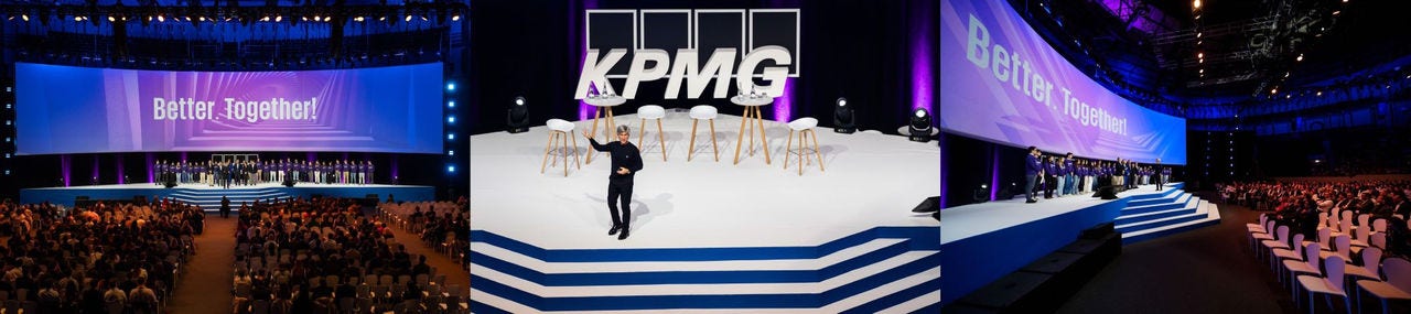Three photographs from a KPMG event with the slogan “Better, Together!”, showing a packed auditorium, a speaker on stage, and the KPMG logo highlighted against a backdrop lit in shades of blue and purple.