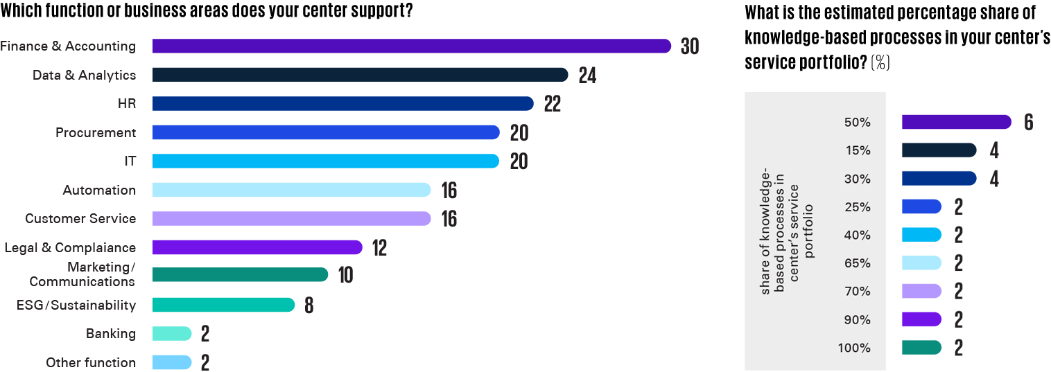 Which function or business areas does your center support? / What is the estimated percentage of share of knowladge-based processes in your center's service portfolio? (%)